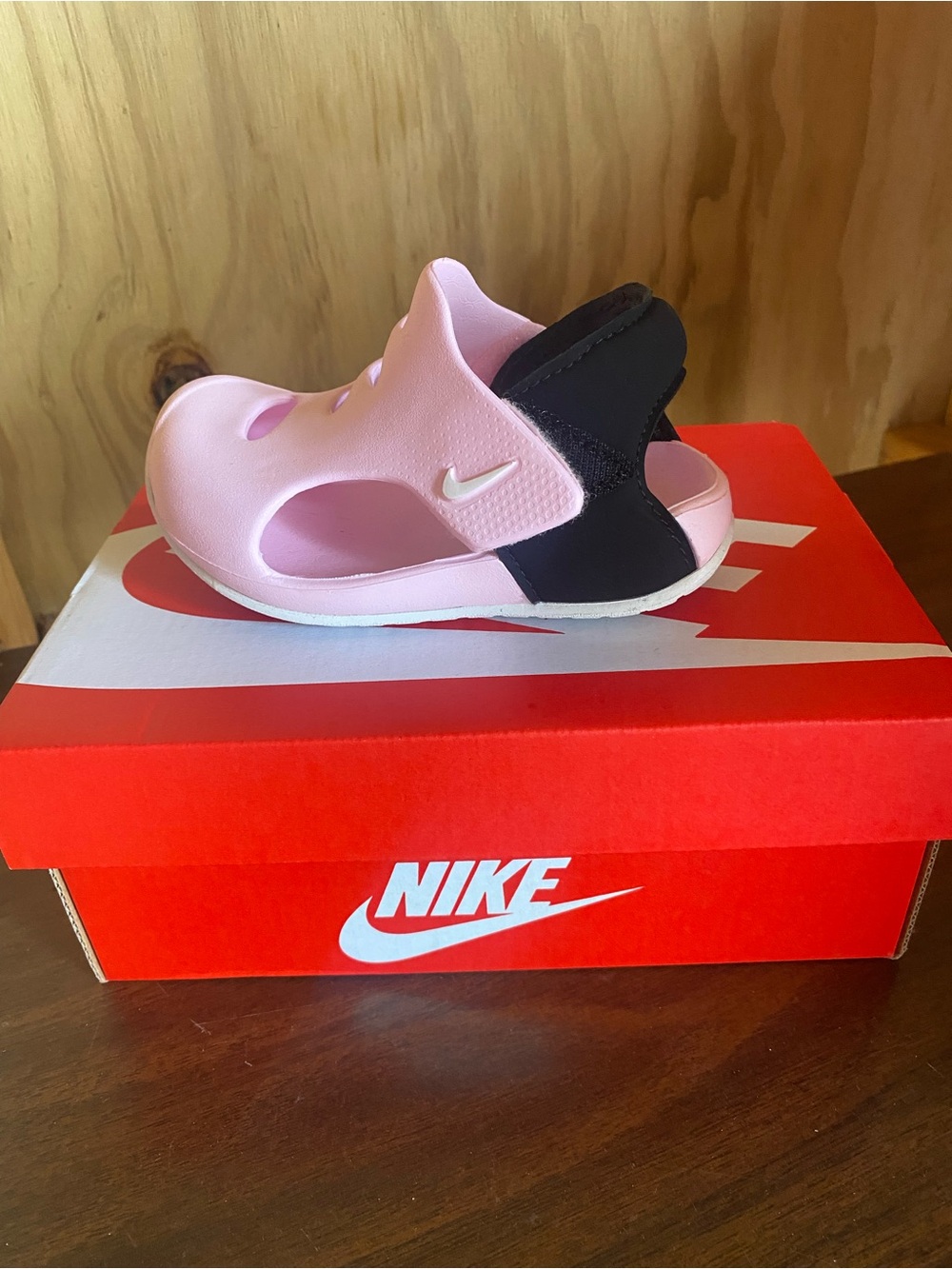 Nike Pink and Black Kids Sandal with White Swoosh